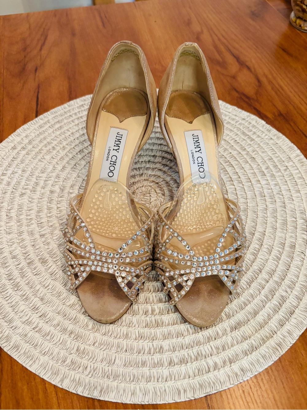 Jimmy Choo Gold Crystal Strappy Open-Toe Heels